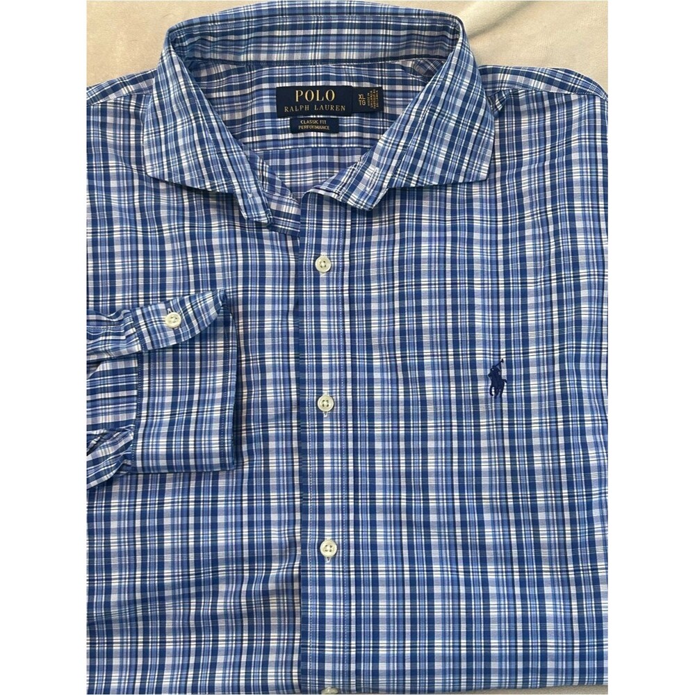 Polo Ralph Lauren Performance Shirt Mens XL Classic Fit Blue Plaid Nylon Stretch